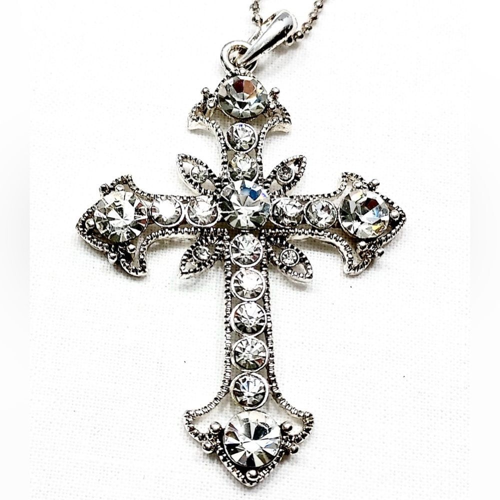 Vintage Premier Designs Silver Crystal Cross Necklace